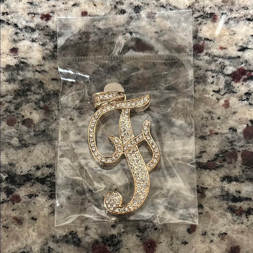 Gold Initial F Pendant with‎ Rhinestones